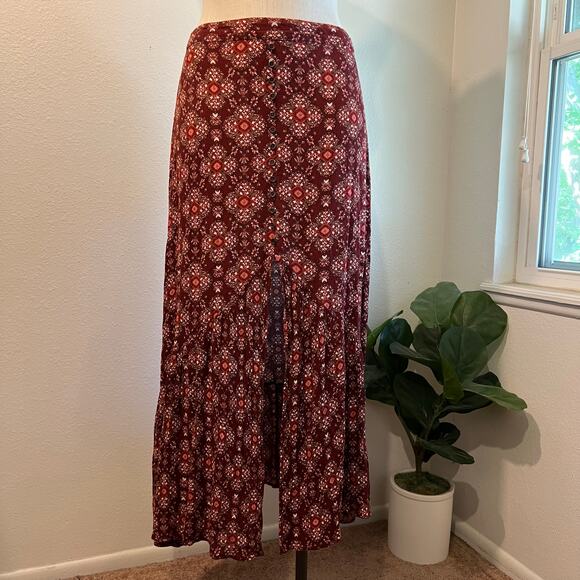 Earthbound Indie Boho Printed Faux Button Front Slit Maxi Skirt Size XL - Picture 9 of 9